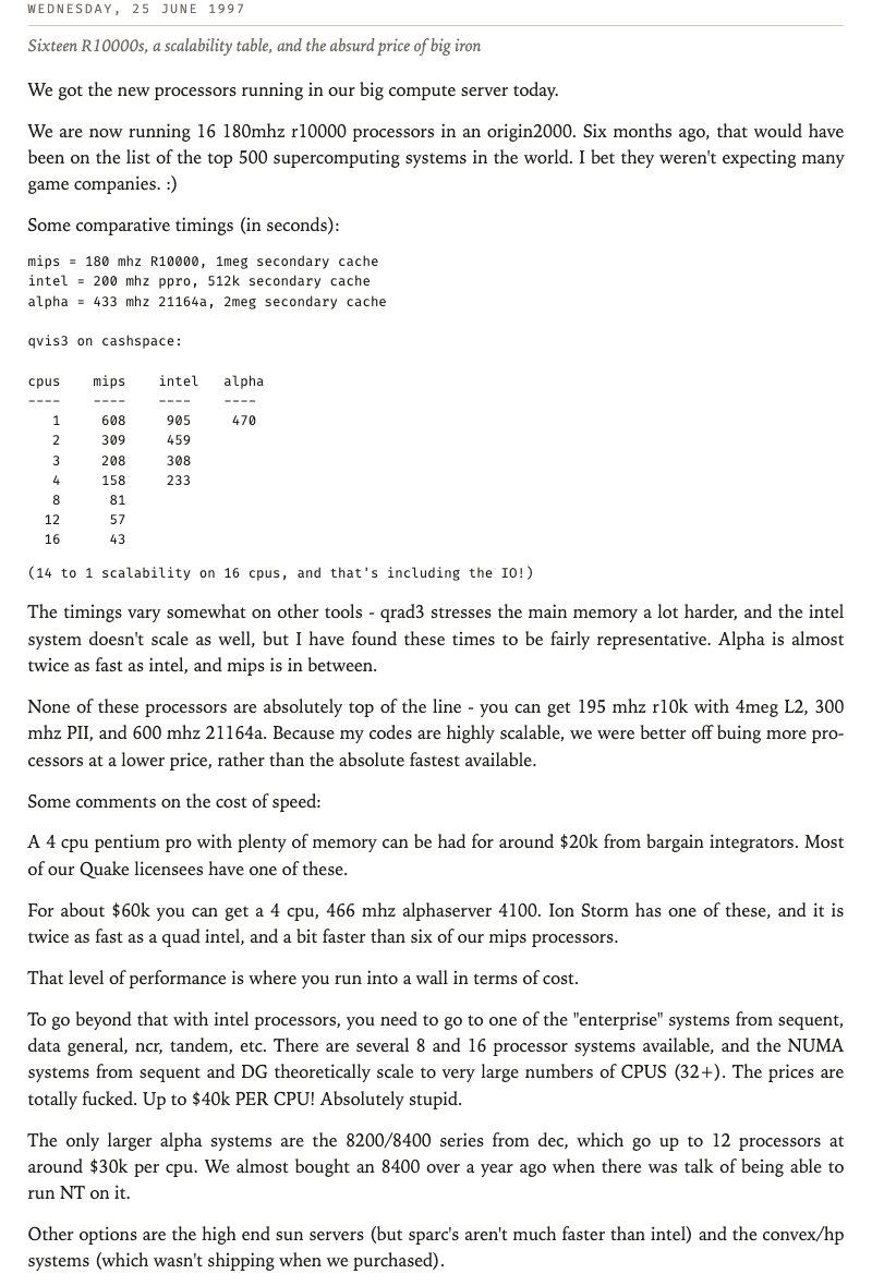 A page from the book: a dated heading, a one-line summary in italics, a table of processor timings in monospace, and paragraphs of prose in a serif face.